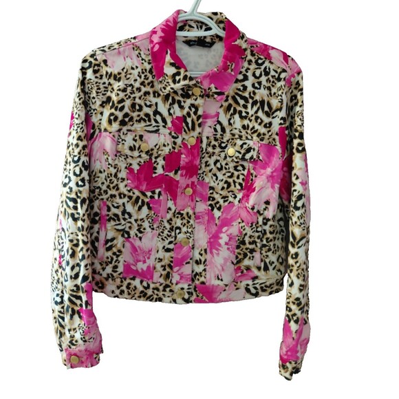 Boston Proper Jean Jacket Women's Size Medium Long Sleeve Floral Leopard Print - Picture 1 of 13